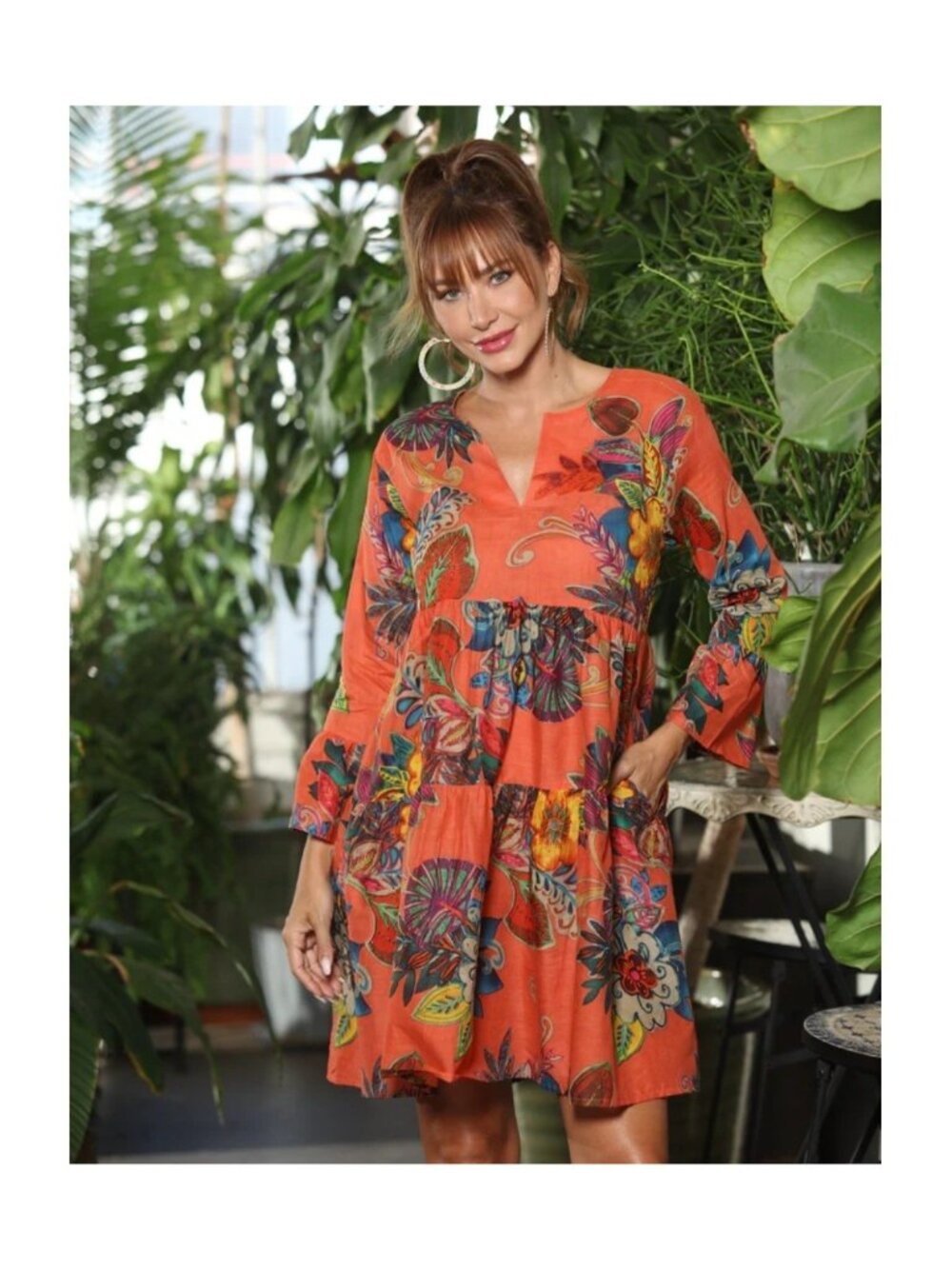 Kiki Sol Fiji 3 Peach Coral Tropical Floral Tiered Ruffle Dress large